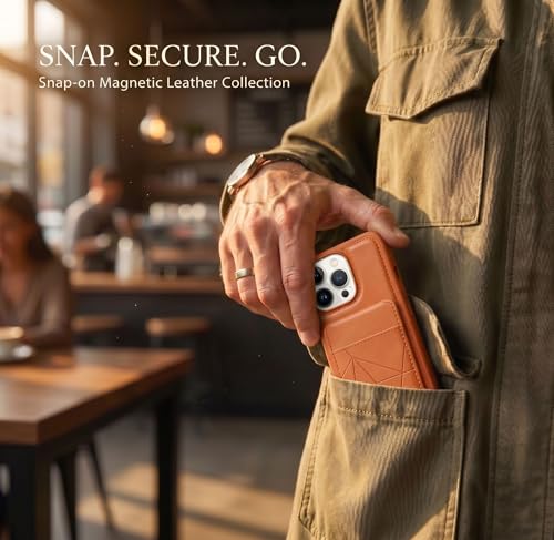 Image of amazon basics Premium Vegan Leather Back Cover with Card Holder and Integrated Mobile Stand for iPhone 15 Pro Max - Slim Shockproof Wallet Case with Geometric Stitching [Tan]