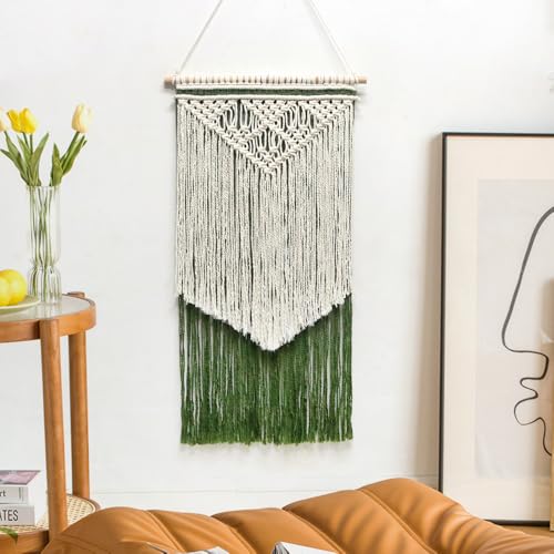 Tapisserie à pompons bohème tissée main verte déco murale ethnique coton