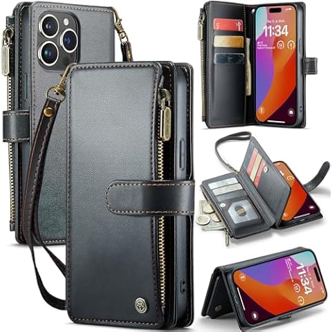 CaseMe for iPhone 15 Pro Max Wallet Case with RFID Blocking, Case for iPhone 15 Pro Max with Card Holder for Women Men, Durable Kickstand Zipper Shockproof Case for iPhone 15 Pro Max, Black Cover