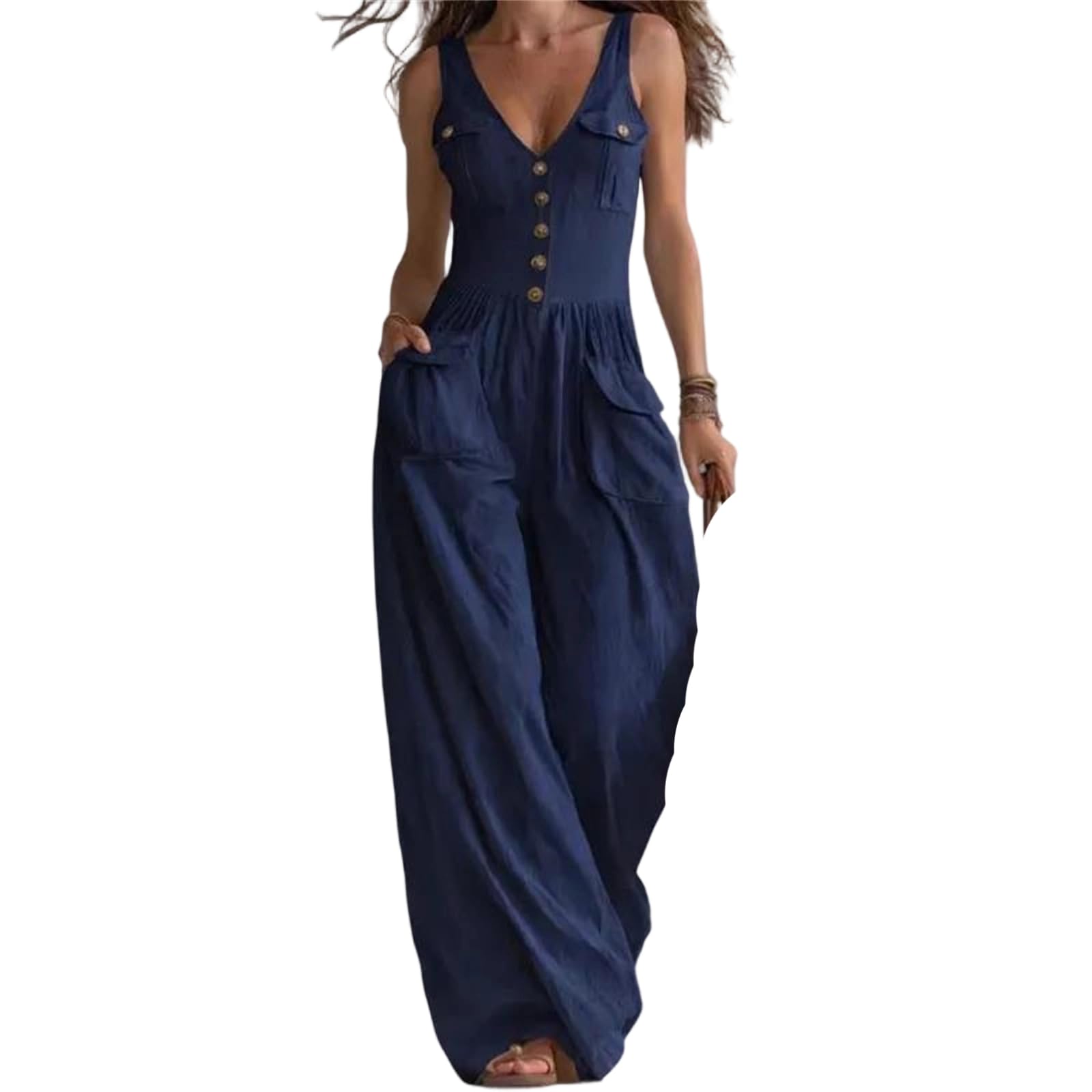 Yeuyyben Overol de mujer con cuello en V y pierna ancha, cintura alta, elegante, casual, ajuste holgado, para vacaciones, playa, verano