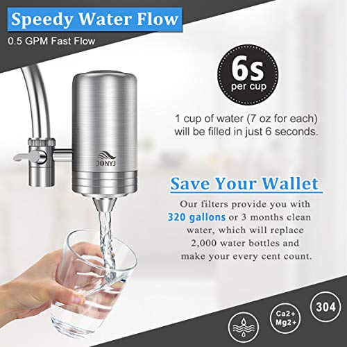 JONYJ Faucet Water Filter, 304 Stainless-Steel Water Faucet Filtration System, High Water Flow Tap Water Filter, Water Purifier Reduces Chlorine - Fits Standard Faucets (2 Filters Included)
