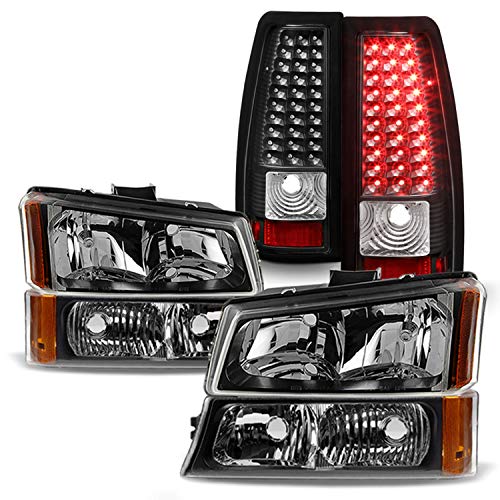 AKKON - Fits 2003-2006 Silverado 1500/ 1500HD/2500/ 2500HD/ 3500 2007 Classic Black Headlight+ Bumper Lamp+ LED Tail Brale Light