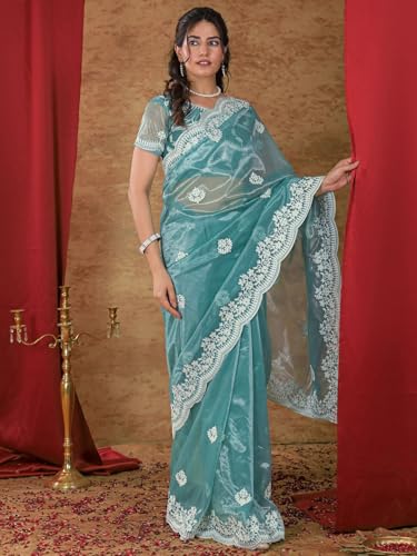 Image of Satrani Women's Net Embroidery Saree with Unstitched Blouse Piece