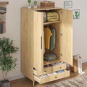   Armoire-Wardrobe-Closet-with-2-Fluted-Doors6496-Wooden-Clothes-Storage-Cabinet-with-Hanging-Rod-and-Shelf-StorageWardrobe-Cabinet-with-3-DrawersFreestanding-Closet-for-BedroomNatural