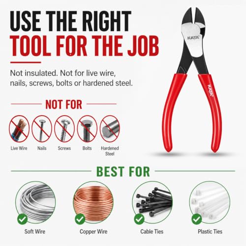 Image of KATA 7 inch High Leverage Diagonal Cutting Pliers, Heavy Duty Wire Cutters | Angled head sharp diagonal side cutters for soft wire, cable ties, copper wire, silver jewelry crafts and home repair tasks