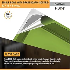 Ruhe® Square Single Bowl with Drainboard 32 x 18 x 8 inches Kitchen Sink | 304 Stainless Steel Square Single Bowl with Drainboard Kitchen Sink | Glossy Finish | Including Sink Coupling and Waste Pipe