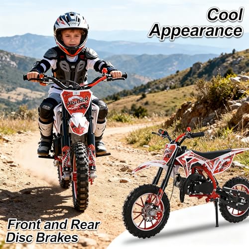 Image of cdar 49cc Kids Dirt Bike, 2-Stroke Gas Power Motocross Off-Road Tires Shock Absorption Springs Soft Seat Cushion Pocket Motorbike with Front Rear Disc Brakes Red