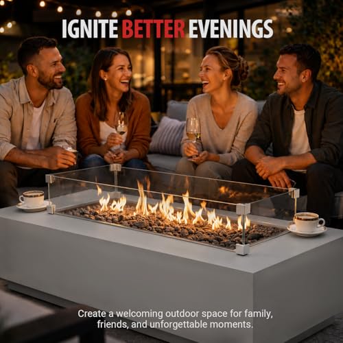 Image of AMS Creations | Madison 60 inch Rectangular Propane Gas Outdoor Fire Pit Table | Light Gray Concrete GFRC | Smooth Texture or Surface | Electronic Ignition | Outside Backyard Fireplace