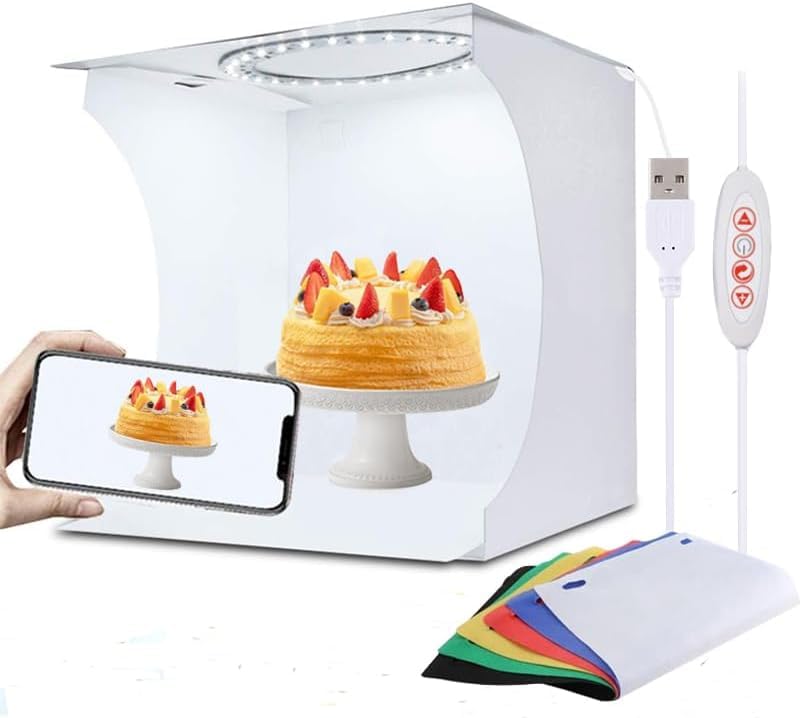 Scatola fotografica pieghevole 20 x 20 cm, 5500 K, set con 3 luci a colori regolabili con illuminazione a 144 LED e 6 sfondi fotografici del prodotto, per gioielli e fotografia di piccole parti
