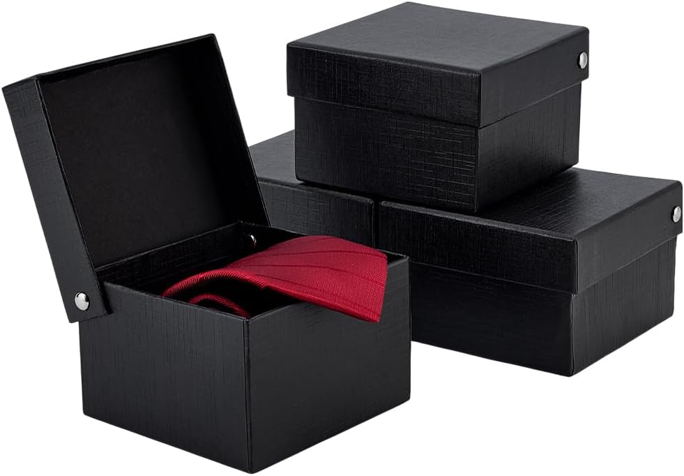 PH PandaHall 4pcs Paper Tie Case Box with Hinged Lid Necktie Box Square Black Men's Classy Necktie Travel Storage Case for Wrapping Gifts Filler Birthday Father's Day 4.1×4.1×2.7 inches