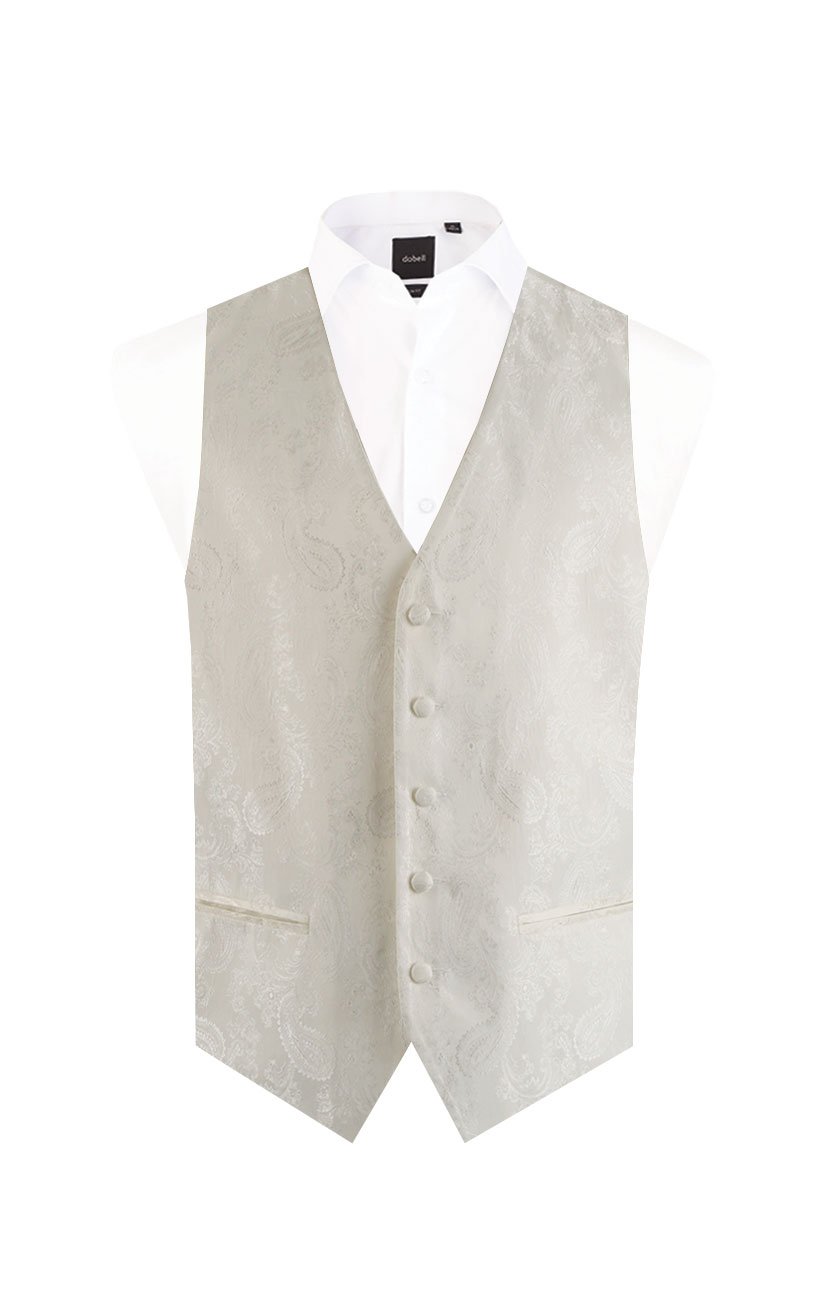 Dobell Mens Ivory Paisley Waistcoat Regular Fit 5 Button Wedding-L (42-44in)