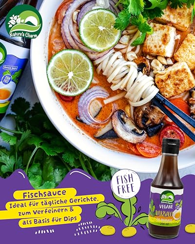 Nature’s Charm vegane Fischsauce I Pflanzliche Würzsauce mit Umami I Authentischer asiatischer Geschmack I Ideal zum Würzen von Currys, Suppen, Dips und Marinaden I 1 x 200 ml