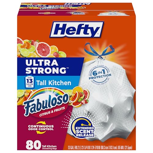 Image of Hefty Ultra Strong 13 Gallon Trash Bags, Tall Kitchen Trash Bags 13 Gallon Size, White, Fabuloso Citrus & Fruits Scent, 80 Bags