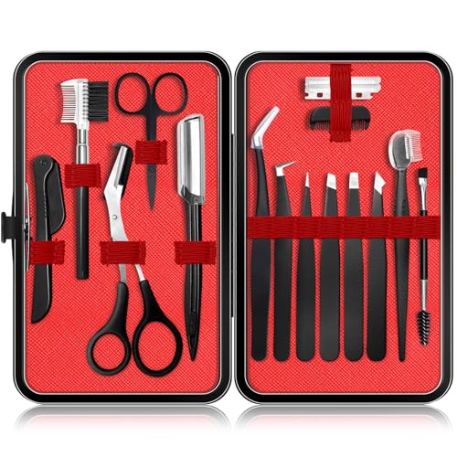 Eyebrow Kit for Men 17 in 1 Tweezers for Women Facial Hair Hair Scissors with comb Eyebrow Trimmer Brow Brushes Hair Tools Travel Bag Professional Grooming Tweezer for Men