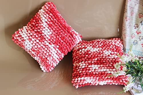 Image of Monstera Hut Boho POM POM Red Velvet Cushion Cover Pack of 2, (Cushion Cover 16x16inch) (40.6 x 40.6 cm)