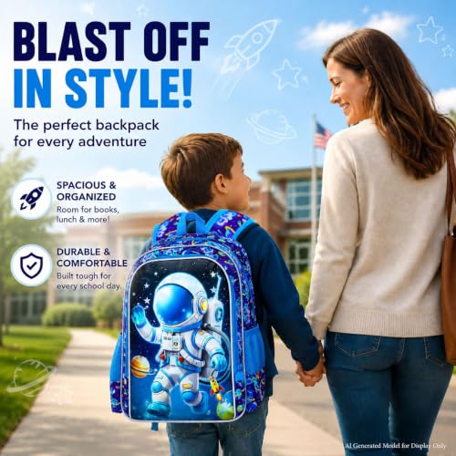 Image of WZLVO 3PCS Kids Astronaut Backpack for Boys, 16 inch Cool UV Printing Bookbag /School Bag with Lunch Box & Pencil Bag for Preschool to Elementary - Astronaut Waving