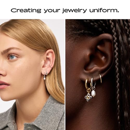 Image of Ana Luisa Frida Pearl Jewelry Huggie Hoops - Medium & Small 14K Gold Plated & Silver Rhodium Plated Drop Hoop Earrings with Freshwater Pearls - 2-in-1 Hypoallergenic Water-Resistant, Tarnish-Free Hoop