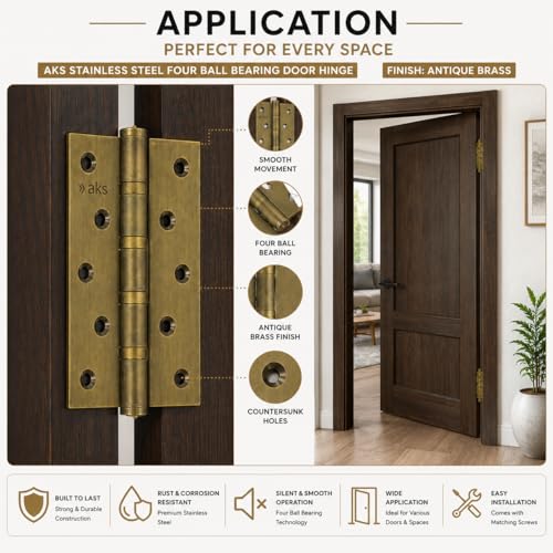 Image of AKS Stainless Steel Four Ball Bearing Hinges for Main Door, Office, Home & Bathroom Doors 6 Inch Length 3 Inch Width 3mm Thickness Hinges | 5 Years Warranty (Pack of 10, Antique Brass)