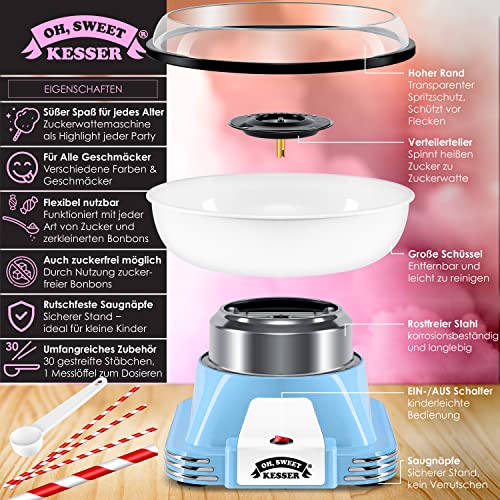 KESSER® Zuckerwattemaschine Set für Dein zuhause - Mit 30x Zuckerwatte Stäbchen & Messlöffel - Retro Cotton Candy Maschine - Zuckerwatte Maschine Mit Zubehör - Höhe 22 cm - 500 W Blau Weiß – Bild 3
