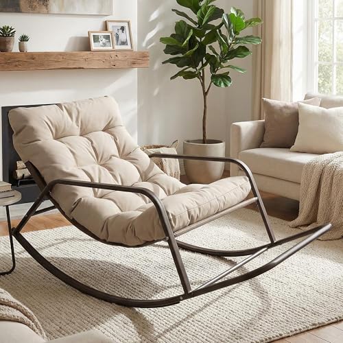 BULEXYARD Beige Oversized Indoor Outdoor Lounge Royal Rocking Chair with Armrest Footrest for Napping Relaxing, Heavy Duty Patio Reclining Papasan Rocker Chair with Padded Cushion for Porch, Sunroom