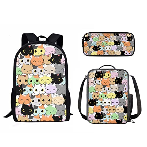 Poceacles Mochila escolar para niños, 3 piezas, bolsa de libros para niños y niñas, con fiambrera, estuche para lápices, conjunto casual, Gato colorido y bonito, talla única Cover
