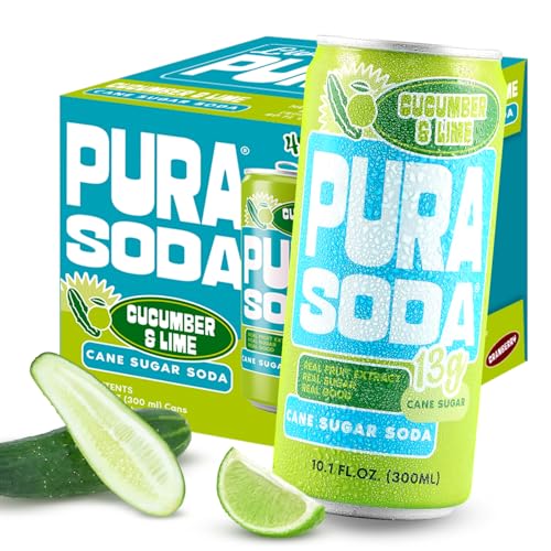 Image of PuraSoda Cucumber & Lime - 12g Pure Cane Sugar Soda, 10 Fl Oz, Pack of 24 | Real Fruit Extract, Non-Gmo Vegan, No Stevia Or Artificial Sweeteners, 13g Cane Sugar, 10 Fl Oz Cans