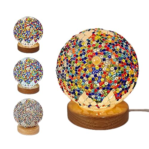 LSFYYDS Lámpara de Mesa Turca (Ancho: 3,9 X Alto: 5,2), Lámparas de Vidrio de Mosaico con Base de Madera, Lámparas de Noche de Estilo Bohemio, Linterna marroquí para Decoración de