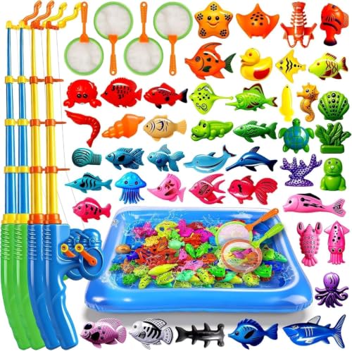 Jeu de Pêche à la Ligne Magnétique XXL 56 Pcs avec Pataugeoire - Jouet d'eau & Piscine pour Enfant 3 4 5 Ans - Set pour Plage, Jardin & Bain incluant 4...