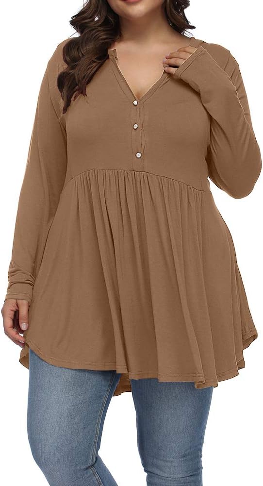 Plus Size Tops for Women Curvy Fall Long Sleeve Dressy Tops Button V Neck Henley Shirts Casual Flowy Tunic Blouses