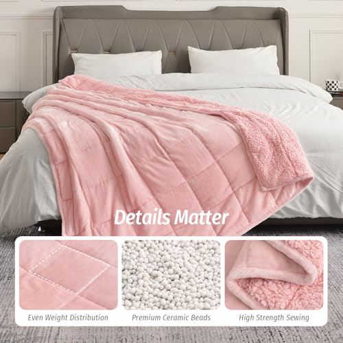 Wemore Sherpa Fleece Weighted Blanket for Adult, 15 lbs Dual Sided Cozy Fluffy Heavy Blanket, Ultra Fuzzy Throw Blanket with Soft Plush Flannel Top, 80 x 87 inches, Pink on Both Sides