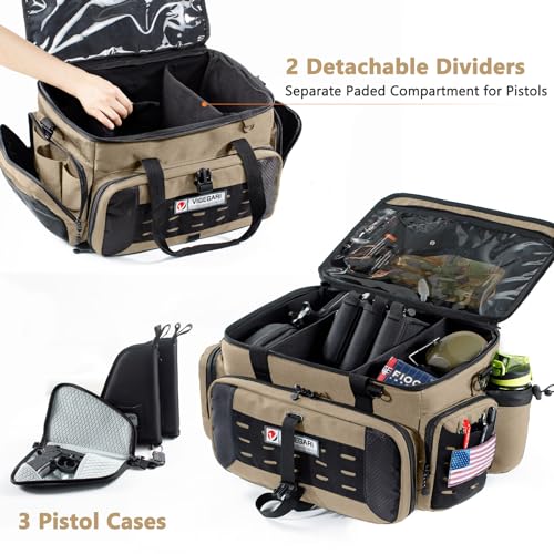 VIGEGARI Large Pistol Range Bag Shooting - Tactical Gun Range Bag with 3 Pistol Cases in Different Size(M,L,XL, Gun Bags for Handguns, Womens Gun Bag for Men, Gun Carrying Duffle Bag Gun Accessories
