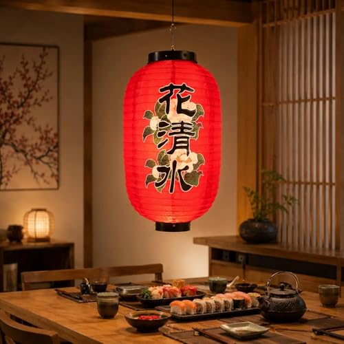 Image of LOGOFUN Japanese Style Lantern Japanese Sushi Bar Hanging Lantern Traditional Restaurant Lantern with Waterproof Paper Lanterns - Red, Size Medium