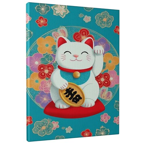 Lucky Cat Wall Art, Vibrant Teal Chinese Floral Prints, Cute Home Decor for Living Room, Bedroom, Office, Good Fortune Canvas 16x20 Inch
