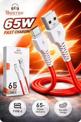 Image of USB Type C Cable 65W 6A Fast Charging & Data Sync, 1.2M Durable PVC Cord for Samsung, OnePlus, Oppo, Vivo, Realme, Mi, Poco, Moto (Red, Pack of 1)