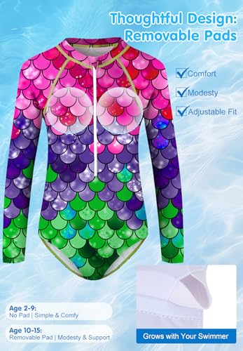 Image of Zando UPF50+ Girls Long Sleeve One Piece Swimsuit with Zipper - Rash Guard for Teens Toddler Kids 2-15 Years