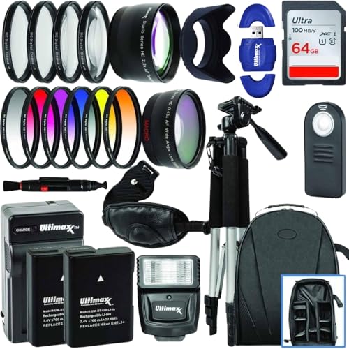 Ultimaxx 55MM Accessory Kit for Nikon D3300 D3400 D3500 D5500 D5600 D7500 D500 D780 with 2X EN-EL14A Replacement Batteries + Digital Filter Kits + Lightweight Tripod & Much More