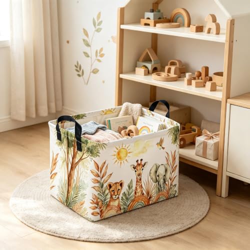 Image of Rectangular Animal Baskets,Collapsible Gift Basket with Handles,Book Bins,Shelf Basket(Yellow animal)