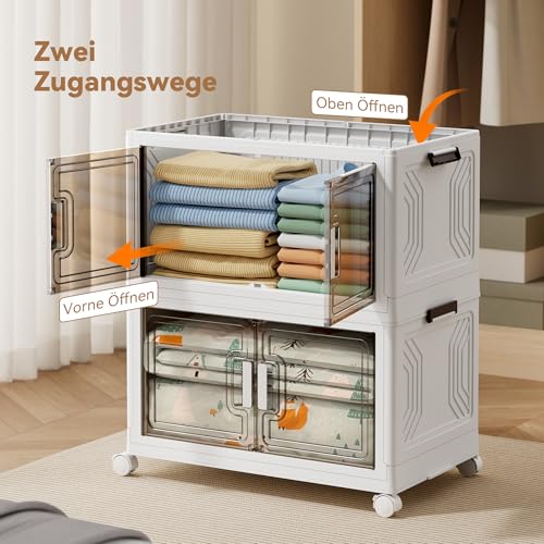 BTGGG 4er Pack Aufbewahrungsbox mit Deckel 54L*4 Stapelbare Aufbewahrungsboxen Kunstoffboxen Klappbox Plastikbox mit Deckel, Faltbare Aufbewahrungsbehälter Aufbewahrungsboxen mit Türen und Rollen