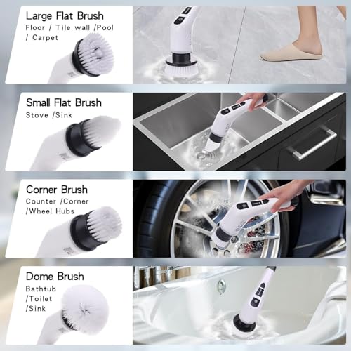 Image of Electric Spin Scrubber Cordless Electric Bathroom Scrubber with 9 Replaceable Brush Heads and Adjustable Handle Brushes for Cleaning bathrooms Suitable for Tiles Floors