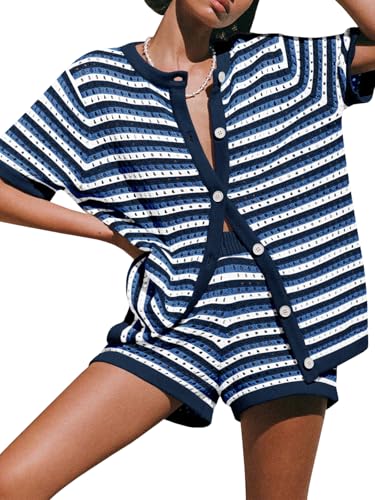 Image of Saodimallsu Womens Crochet Swimsuit Coverup Summer Beach Sets Striped Knit Short Sleeve Button Shirts 2 Piece Short Set