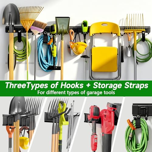 Image of PIYILO Garage Wall Organizer, 96 in Garden Tool Organizer with 12 Adjustable Garage Hooks and 3 Storage Straps, Heavy Duty Tool Holder Wall Mount for Garden & Shed Tools