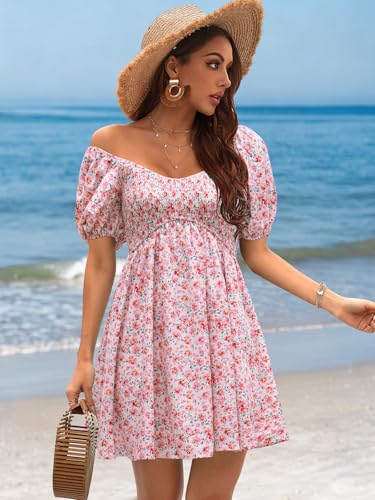 Image of Womens Babydoll Dress 2026 Summer Casual Puff Sleeve V Neck Cute Boho Smocked Flowy Short Sundress Beach Mini Dresses