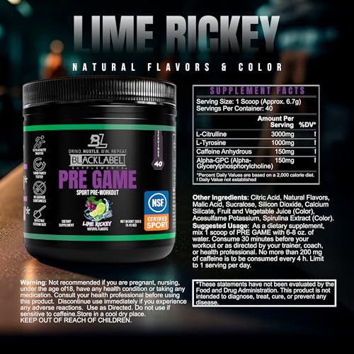 Image of Blacklabel PRE-Game NSF Certified for Sport Pre-Workout (Lime Rickey) | Customizable 150mg Caffeine for Energy and Focus, Low-Stimulant Pre Workout for Men and Women, 40 Servings