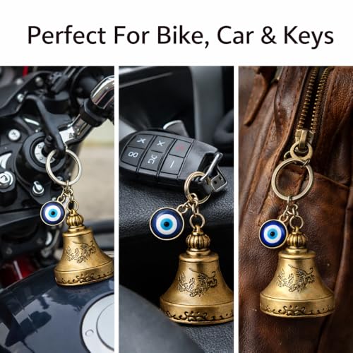 Image of Guardian Bell for Bike Riders, Guardian Bell Keychain with Evil Eye Charm, Metal Lucky Travel Amulet for Car Keys, Meaningful Gift for Men and Women (Antique Gold)