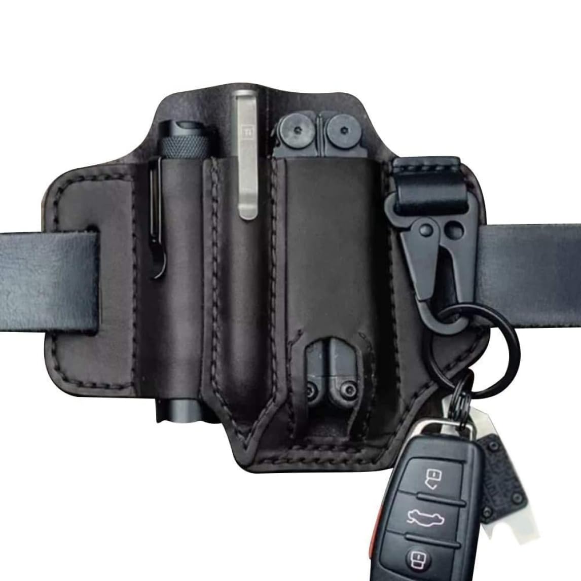 Leather Multitool Sheath, Leather Multitool Sheath for Belt, EDC Pocket Organizer with Key Holder, Storage Belt Waist Bag Flashlight, Pouch (Black) for Daily Use