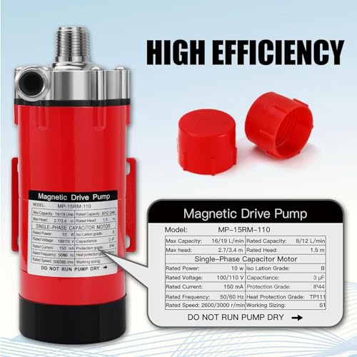 Image of Magnetic Beer Pump Wort Pump for Brewing, 304 Food Grade Stainless Steel Head Brew Pump Magnetic Drive Pump with Inline Switch & 1 /2 inch NPT Thread (Red)