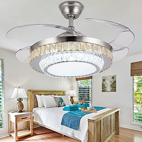 Panghuhu88 42"Invisible Ceiling Fan Chandelier Light,Crystal Ceiling Fan Light Remote Control 4 Retractable ABS Blades for Bedroom Living Room Decoration