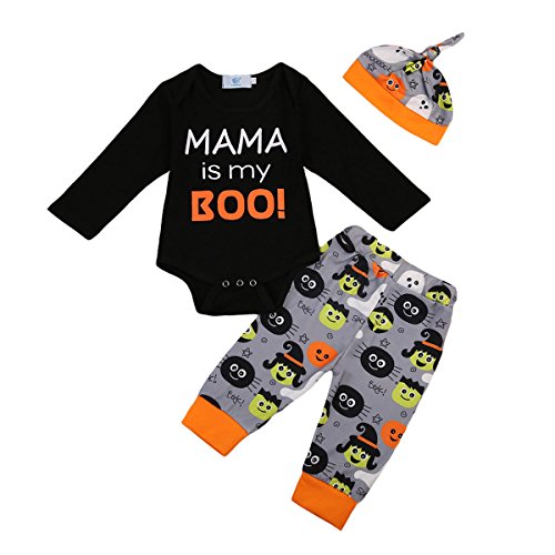 Baby Boys Girls Halloween Party Outfit Set Long Sleeve Letters Print Bodysuit and Pants with Hat (3-6M, Black)