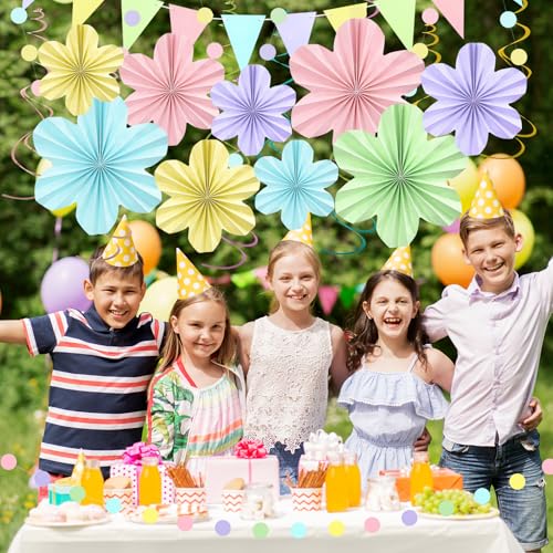 Image of Pastel Rainbow Birthday Party Decorations with Paper Flowers Tassel Garland | Pastel Macaron Rainbow Decor for Classroom Baby Shower for Kids Easter parties Carnival Theme Hanging Supplies
