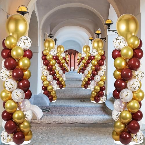 Image of 2 Sets Red and Gold Balloon Column Stand Kit with 100 Balloons Adjustable Balloon Tower Stand with Bases for Floor Confetti Balloon Column Kit for Bridal Graduation Birthday Appreciation Party Decor